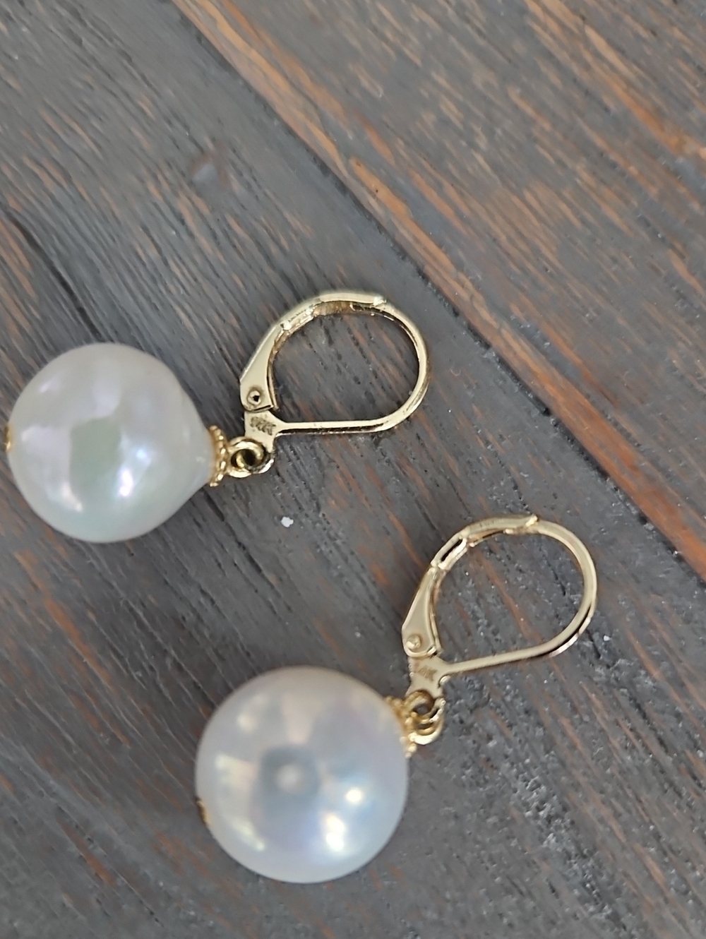 Gold Pearl Drop Leverback Earrings - White Pearlescent